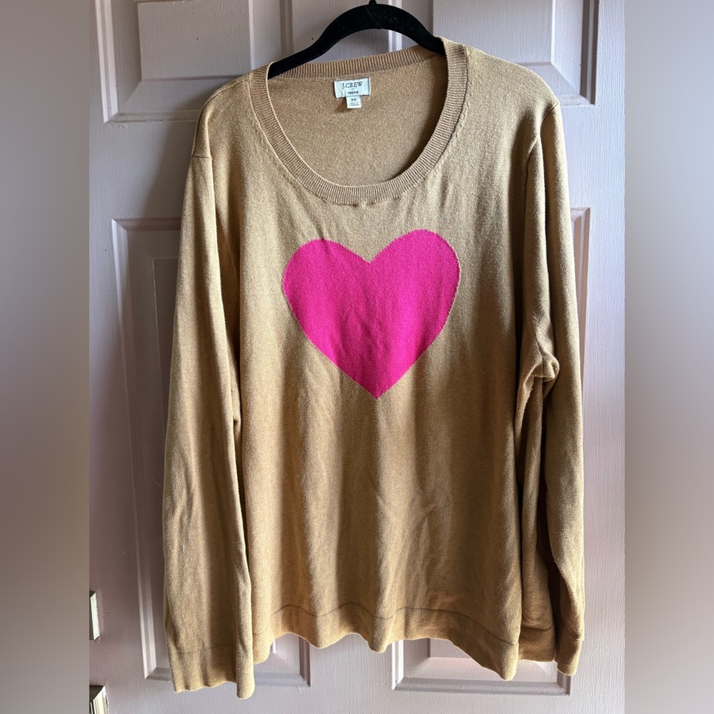 J. Crew Camel Sweater with Vibrant Pink Heart